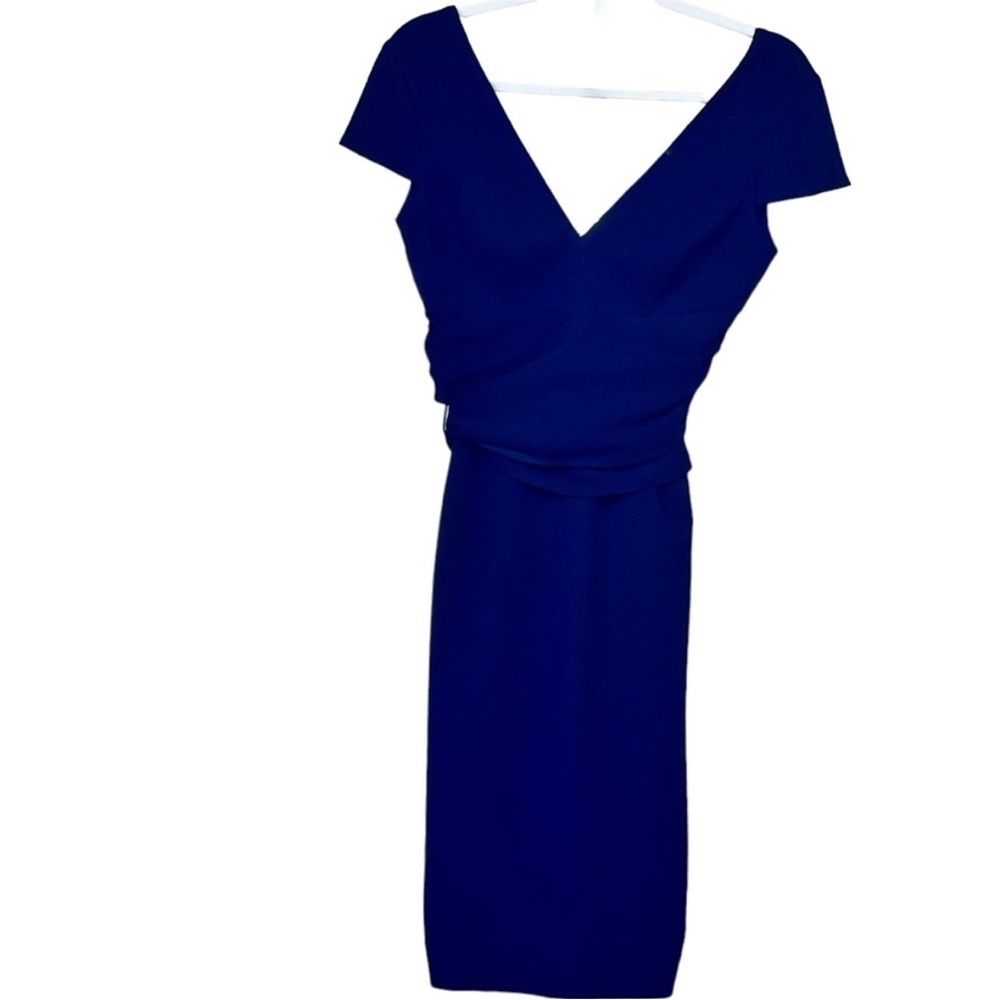 Dress the Population Blue Ruched Sheath Dress with Cap Sleeves